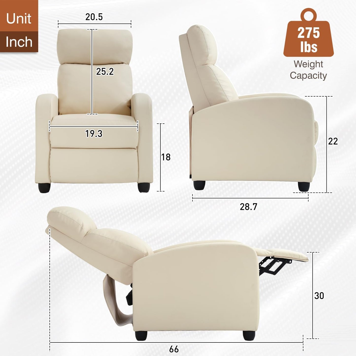 BestMassage | Recliner Chair | No Massage Function | Pu Beige | with Lumbar Support, Adjustable Push Back, Wide Armrests, Footrest & Padded Seat | Easy Assembly | for Living Room, Home Theatre