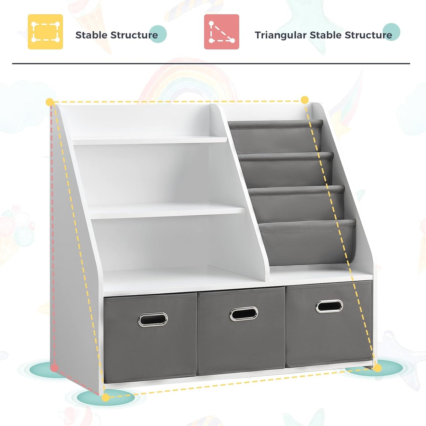 Kids Bookshelf, Kids Toy Storage Organizer with Storage Bins, Wooden Bookshelf and Book Display Shelf for Bedroom, Playroom, Nursery, Classroom, White