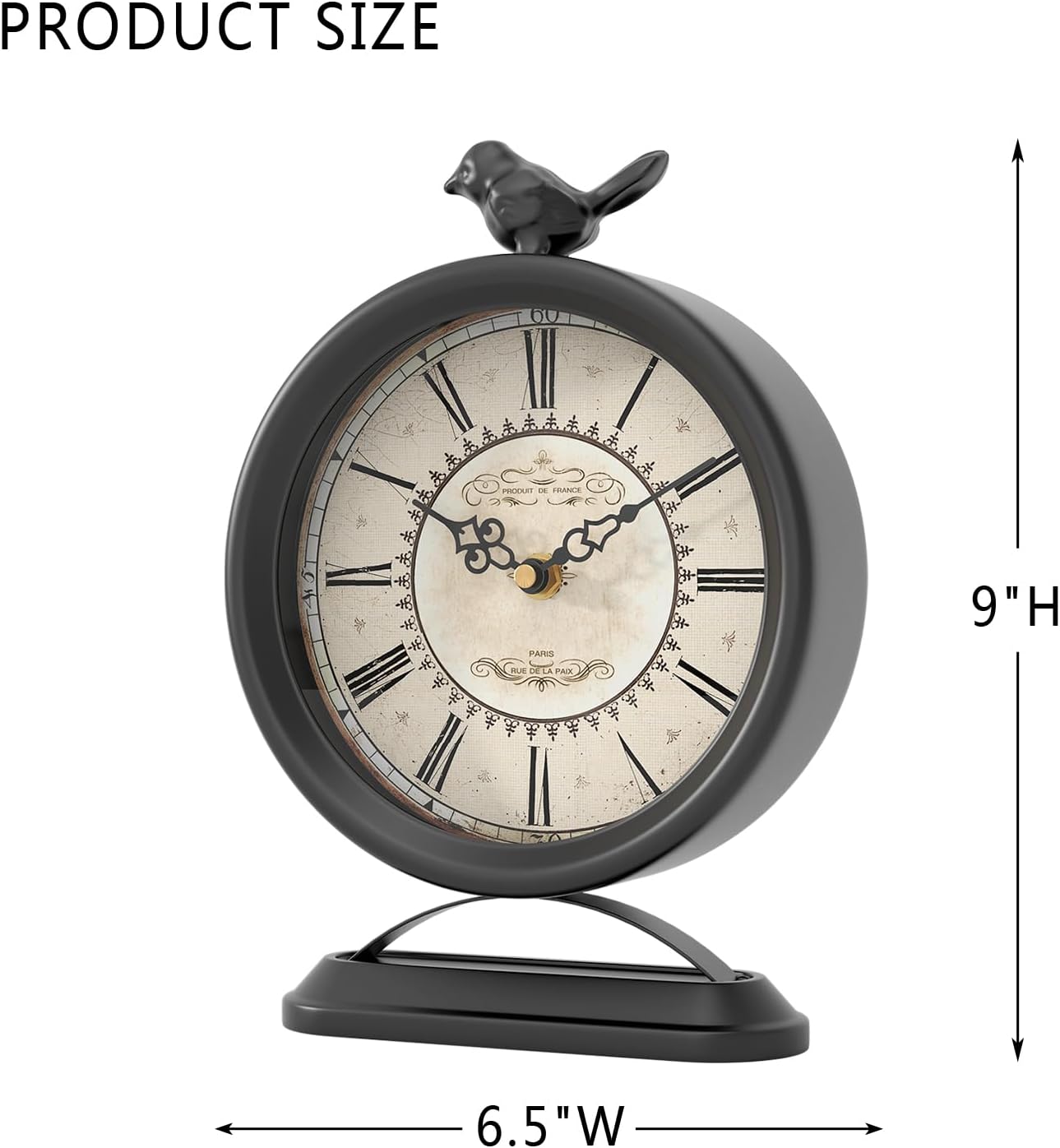 Vintage Table Clock with Bird, European Antique Style Black Mantel Clocks, Desk and Shelf Decor Clock, for Farmhouse, Bedside, Living Room, Bedroom, Gift (9" H x 6.5" W)