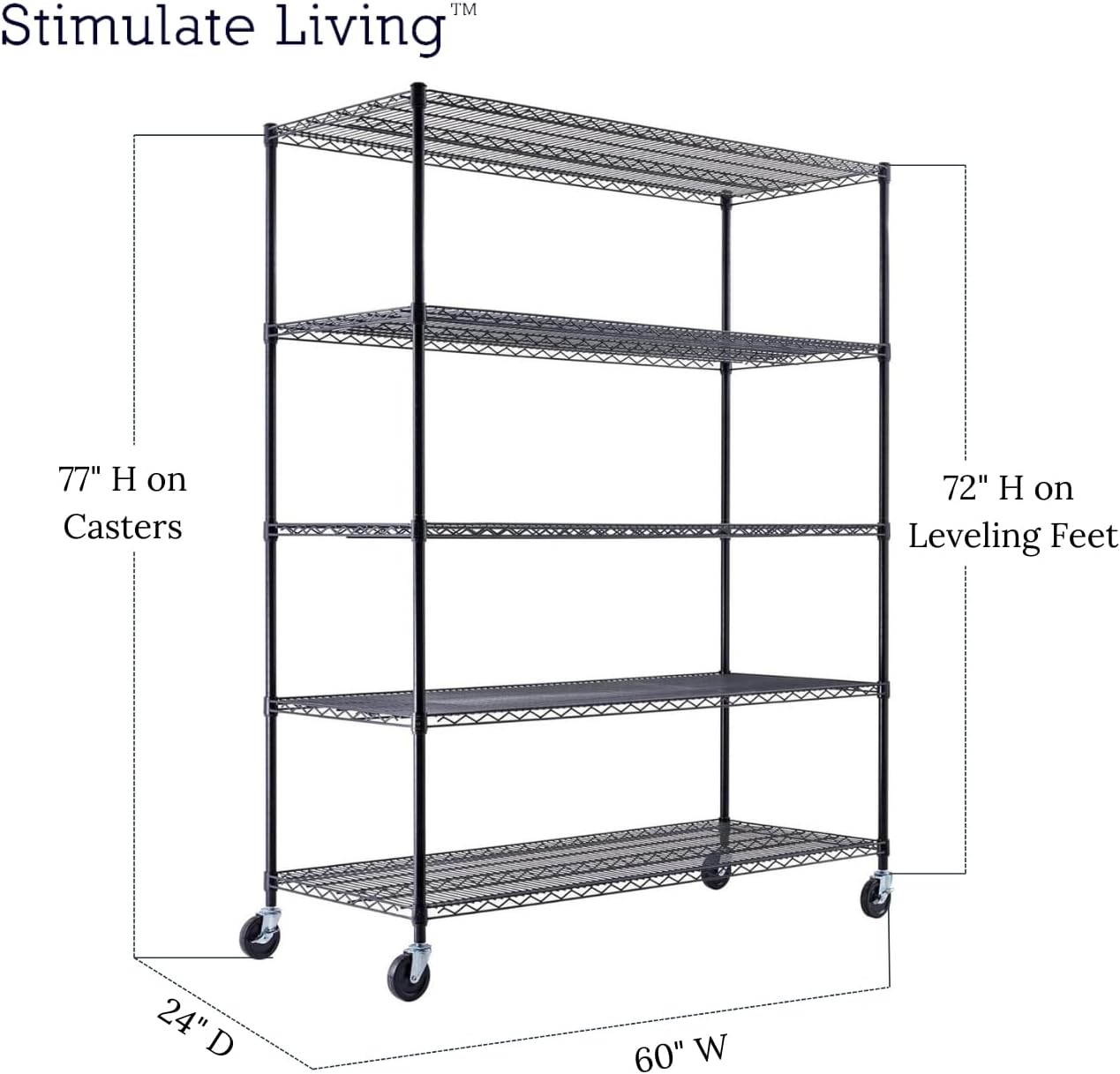 60"x24"x72" PRIME HEAVY DUTY Black 5-Tier Wire Shelving NSF 3000 LBS MAX Capacity Storage Rack for Commercial, School, Home, Garage, Warehouse, Industrial, and Hospital Uses (with Wheels)