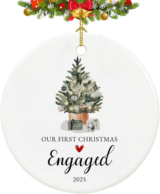 Our First Christmas Engaged Ornament 2025,Just Engaged Gifts for Couple, Ceramic Keepsake Engagement Ornaments 2025 with Ribbon and Gift Box