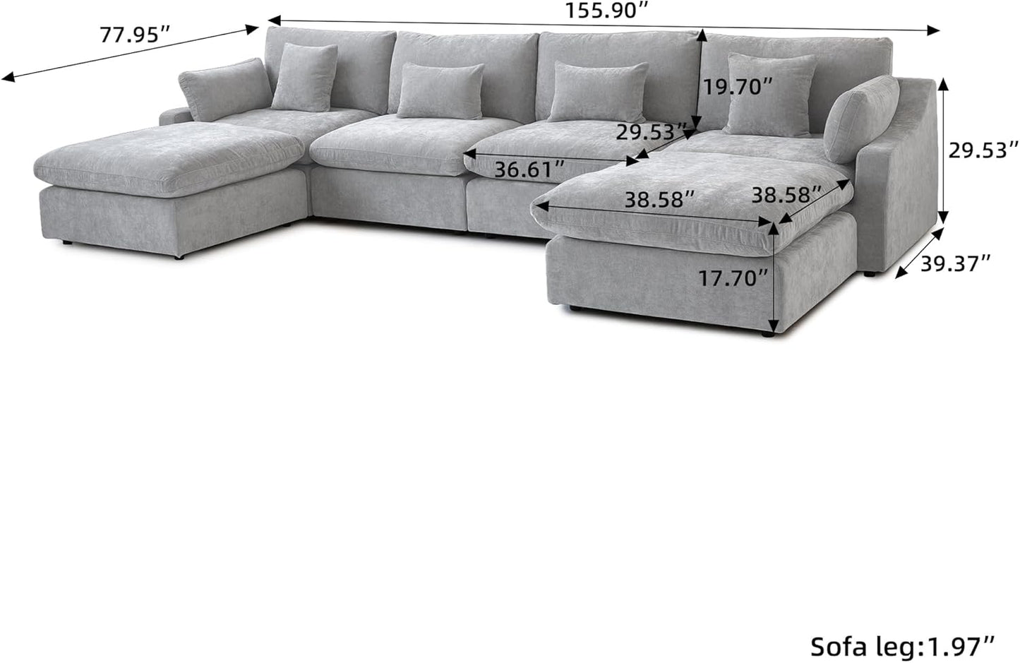 JACH U-Shaped Sectional Couches for Living Room, Cloud Sectional Couch with Deep Seat, 155.9" Modular Sofa with Chaise, Covers Removeable & Washable, Sofas Furniture for Living Room, Light Grey
