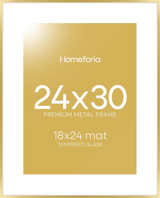 Homeforia 24x30 Picture Frame Gold, High End Metal 24 x 30 Poster Frames with 18 by 24 Mat Opening, 24x30 Gold Photo Frame Matted to 18x24 Print, 30x24 Large Frames, Tempered Glass, Wall Kit, Set of 1