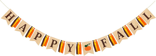 Happy Fall Pumpkin Burlap Pennant Banner Flag Felt Happy Fall Sign and Pumpkin Pattern with Fall Color Ribbon for Fall Autumn Harvest Thanksgiving Day Birthday Baby Shower Party Decorations Supplies