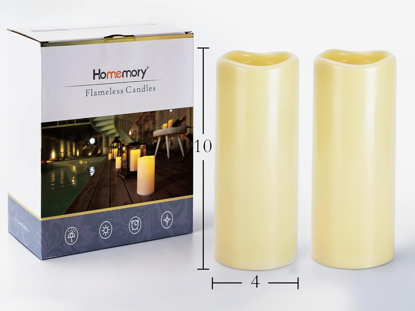Homemory 4" x 10" Large Waterproof Outdoor Flameless Candles, Battery Operated LED Pillar Candles with Remote and Timers for Indoor Outdoor Lanterns, Long Lasting, Dark Ivory, Set of 4