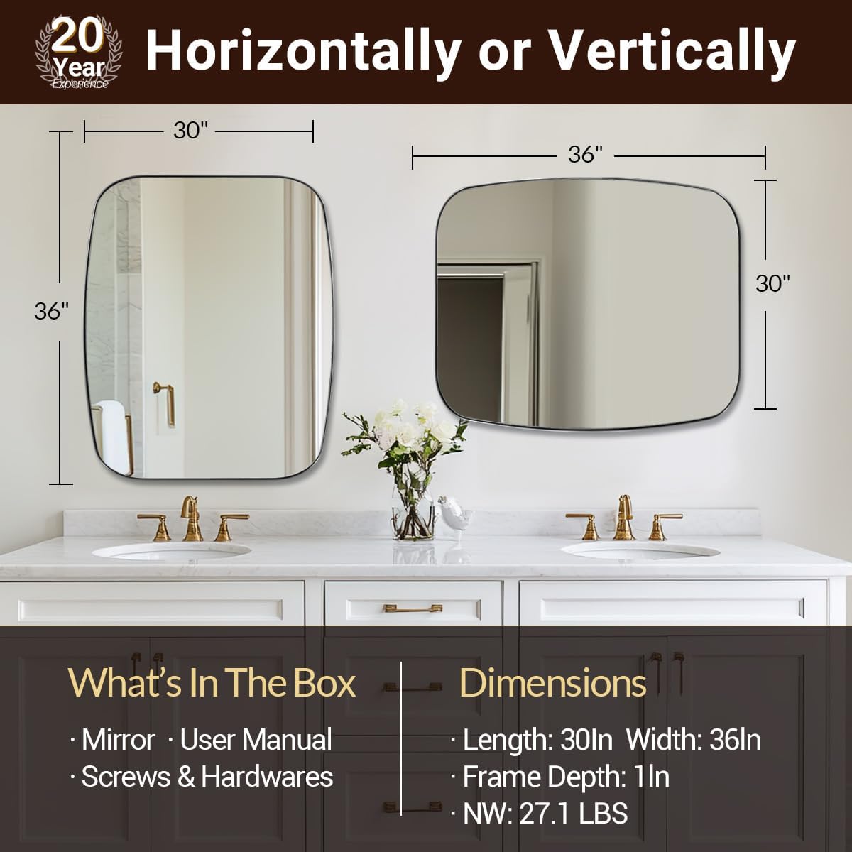 ANDY STAR Brushed Nickel Bathroom Mirror, 30x36’’ Oblong Mirror with Stainless Steel Metal Frame, Silver Oval Vanity Mirror for Over Sink, Modern Anti Rust Wall Mounted