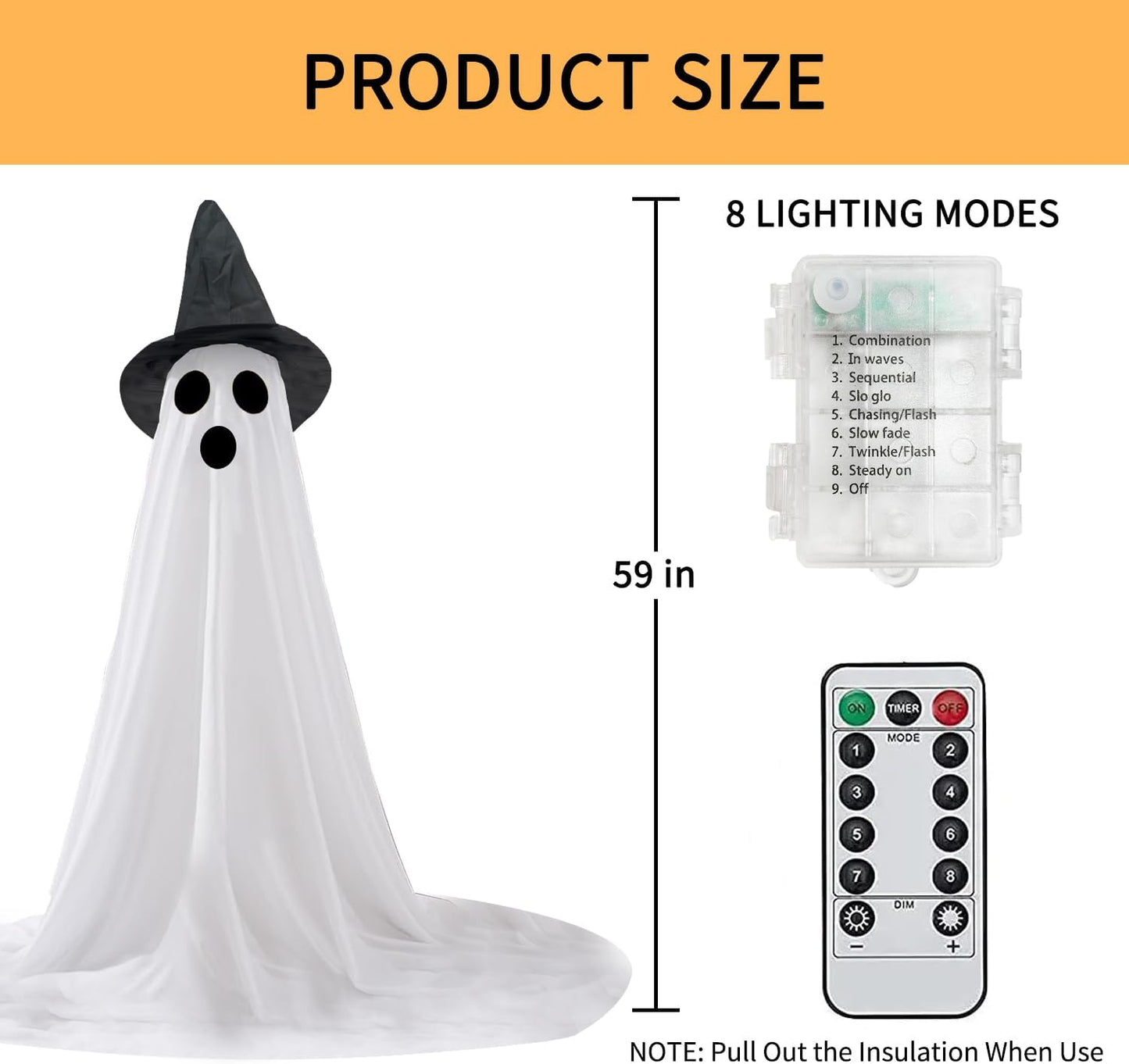 2 Packs Halloween Ghost Outdoor Decorations, 59” Light Up Ghost Decor with Remote Control, Adjustable Height Standing Halloween Lighted Ghost Kit with Witch Hat Ideal for Porch, Garden, Yard