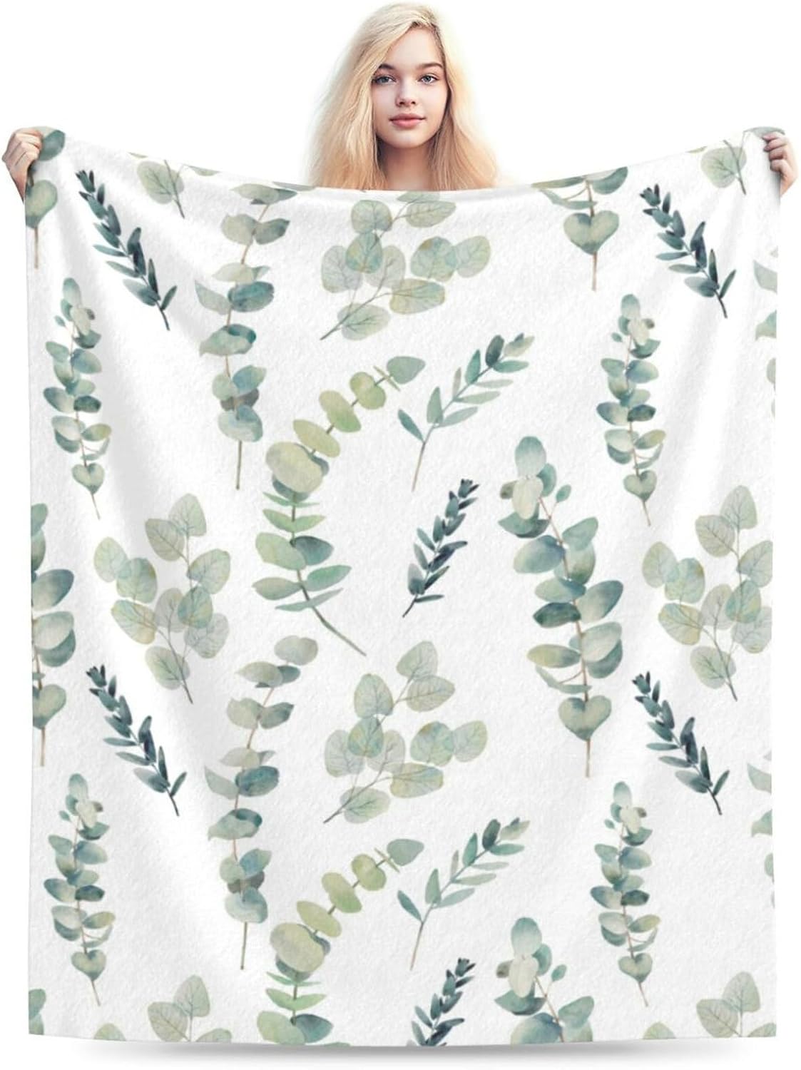 HGOD DESIGNS Watercolor Eucalyptus Flannel Fleece Bed Blanket Throw Blanket Lightweight Cozy Plush Blanket for Bedroom Living Rooms Sofa Couch 50"x60"