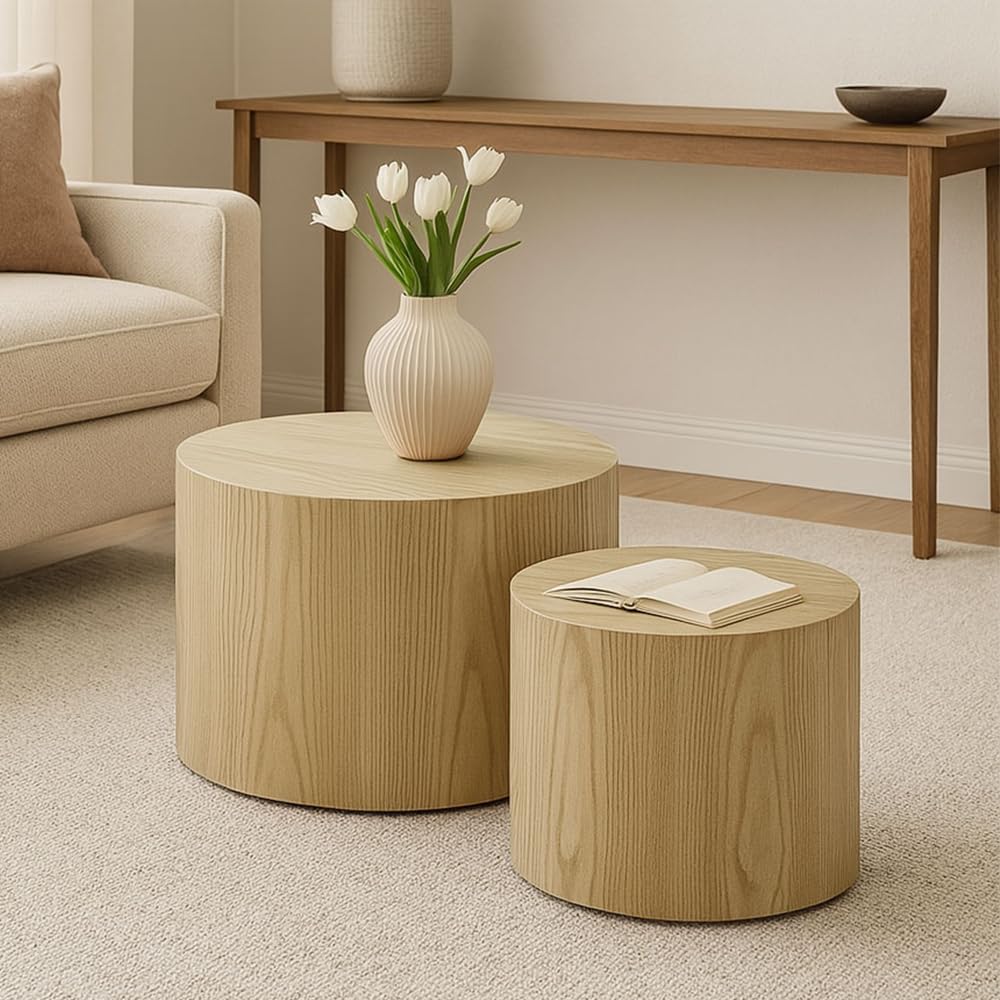 WILLIAMSPACE Nesting Coffee Table Set of 2, Round Wooden Coffee Tables Circle Modern Table for Small Space Living Room Bedroom Accent End Side Table (Wooden Color-Round)