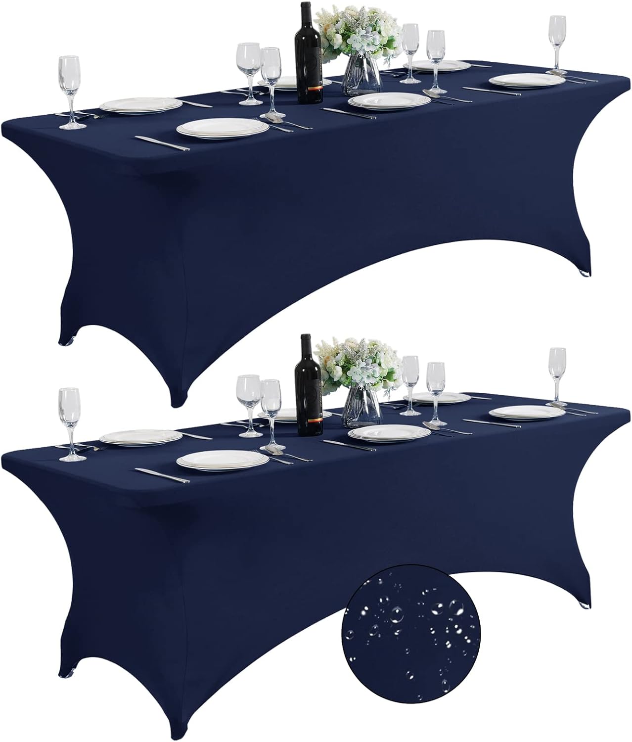 SuperO 2Pack Waterproof Spandex Table Cover for 8FT Table Universal Fitted Stretch Tablecloth for Party, Banquet, Wedding and Events-Navy