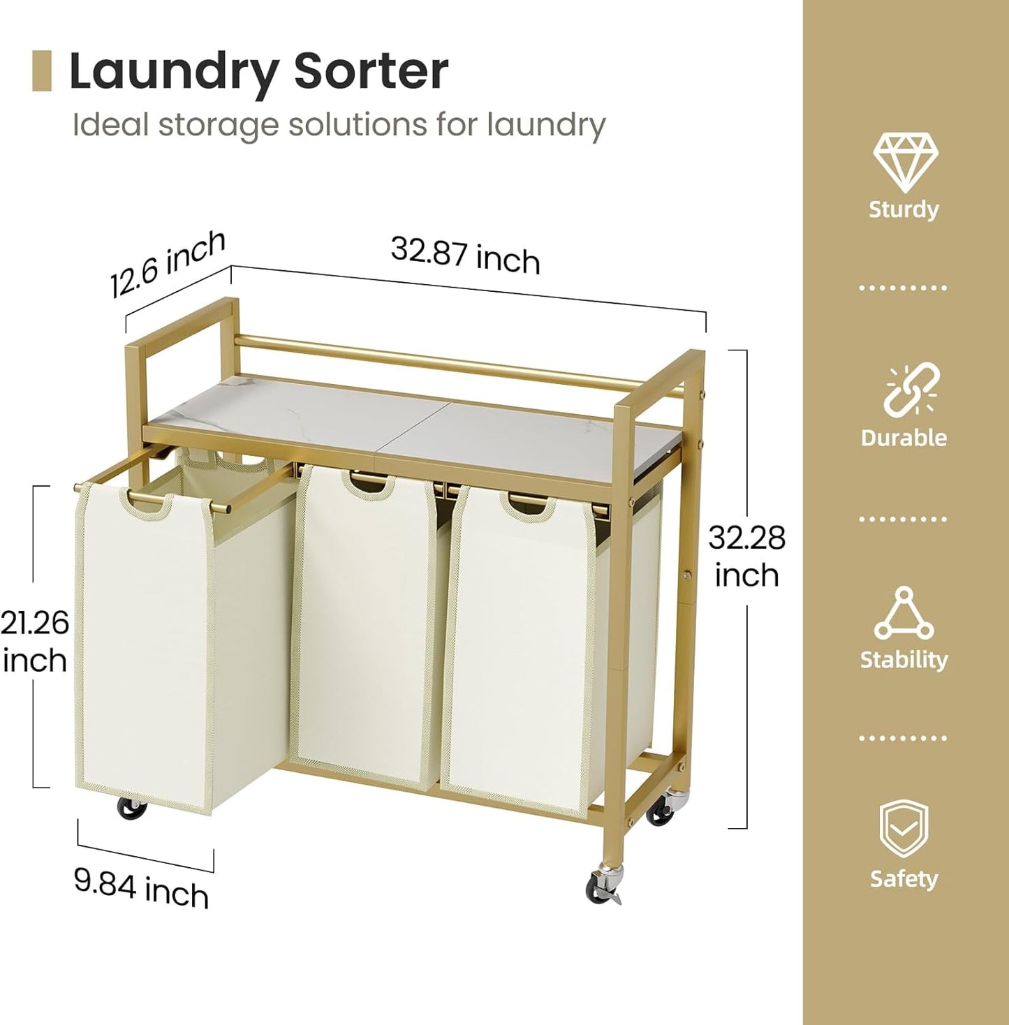 Laundry Hamper, Laundry Basket, Laundry Sorter with 3 Removable Bags, Clothes Basket with 3 Compartments, Wheels, Shelf for Laundry Room Bathroom Bedroom (3 Bags-Golden)