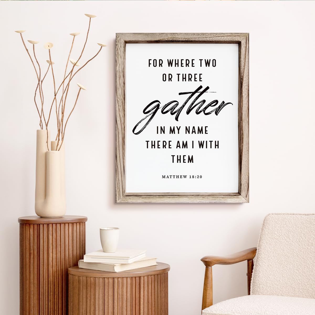 Christian Decor Art, Scripture Matthew 18:20 Sign, Home Church Decor, Framed Wall Plaque Sign 15 * 11.5 inches, Housewarming Gift, For Where Two or Three Gather in My Name