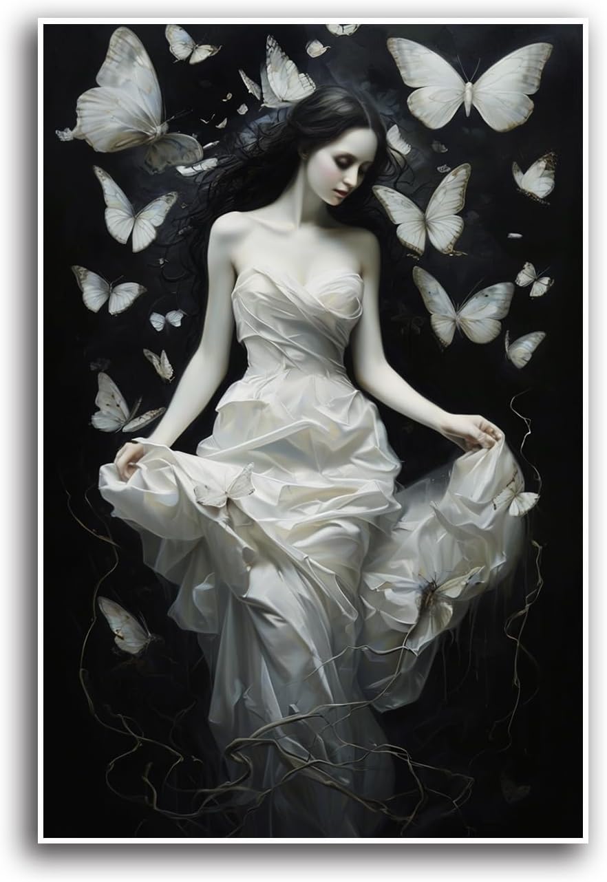 JFHCQJPK Vintage Gothic Feminine Canvas Wall Art Print Butterfly Poster Moody Preppy Wall Art Dark College Decor for Home Bedroom8x12in Frameless