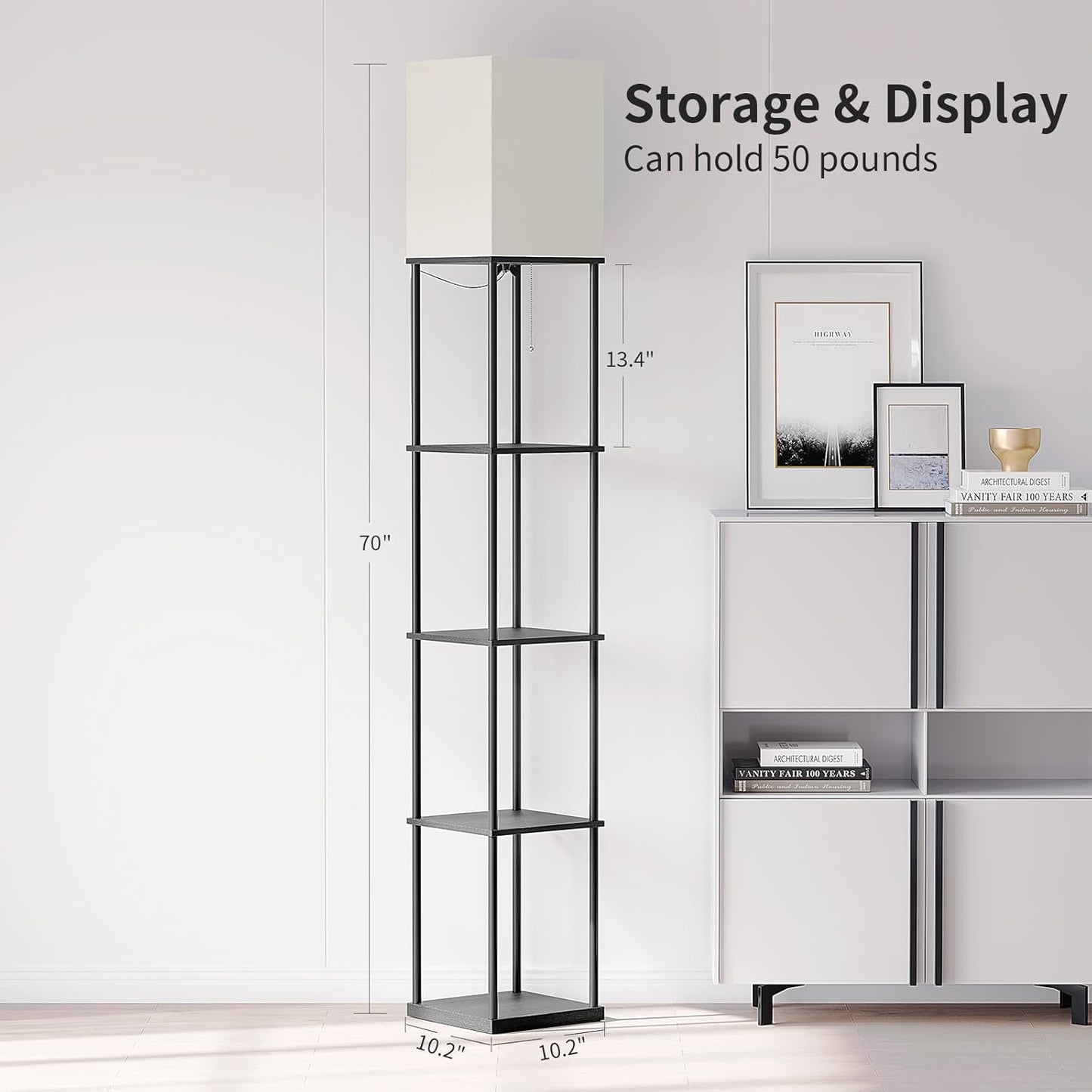 SUNMORY 5 Tier Floor Lamp with Shelves, Modern Square Standing Lamp with 3 Color Temperature Bulb, Corner Display Bookshelf Lamp for Living Room and Bedroom, Tall Shelf Floor Lamp