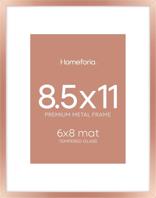 Homeforia 8.5x11 Rose Gold Frame, High End Metal 8.5 x 11 Picture Frames with Mat 6 by 8 inch Photo, 11x8.5 Poster Frame Matted to 6x8 Print, Wall or Tabletop Frame, Tempered Glass, Wall Kit, Set of 1
