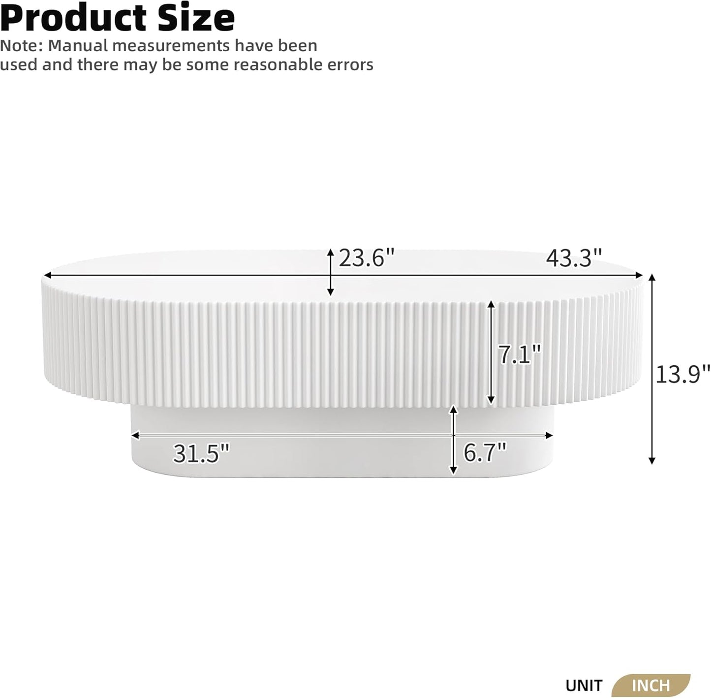 43.3" Oval Fluted Coffee Table Modern Elegant Drum End Table, Minimalist Center Table 7.8" Thick Tabletop with Sturdy Base for Living Room, Bedroom, Apartment,Easy Assembly, White