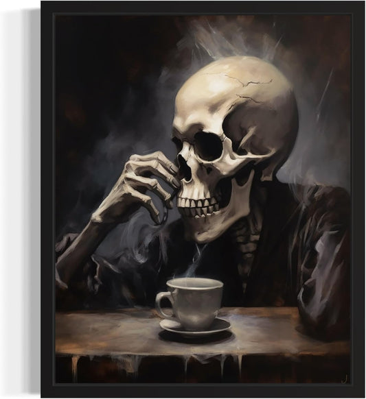 Skull Drinking Coffee Poster Art Print, Halloween Scary Vintage Wall Art Academia Spooky Painting Decoration for Horror Prints, Gothic Posters Bedroom Decor 89 (Skull Drinking Coffee, 16 x 20 inches, Unframed)