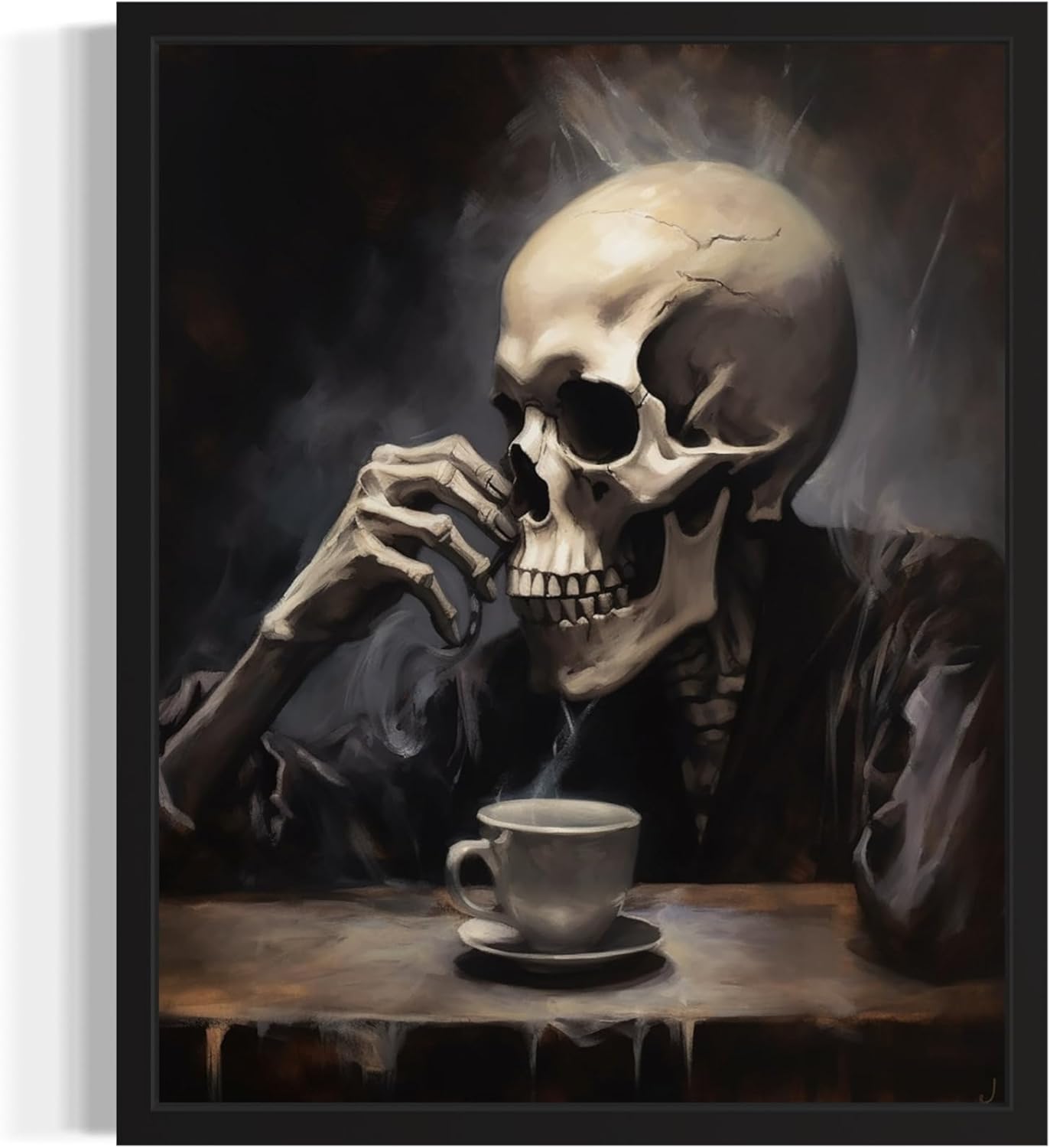 Skull Drinking Coffee Poster Art Print, Halloween Scary Vintage Wall Art Academia Spooky Painting Decoration for Horror Prints, Gothic Posters Bedroom Decor 89 (Skull Drinking Coffee, 16 x 20 inches, Black Frame)