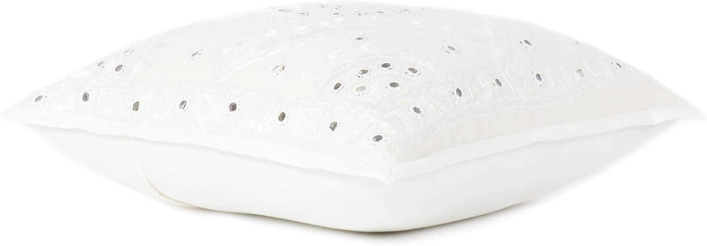 Eyes of India Embroidered Decorative Boho Throw Pillow Cover with Mirrors, Handmade Bohemian Accent Cushion Case for Sofa Couch Bedroom Living Room (White, 16" x 16")