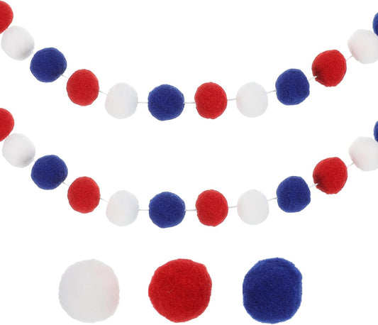 PATIKIL 13Ft Pom Pom Garland Decorations, 2Pcs Colorful Felt Ball Garland Banner Cute Rainbow Pompom Hanging Decorations for Tree Ornaments Homes Decor, Red/White/Blue