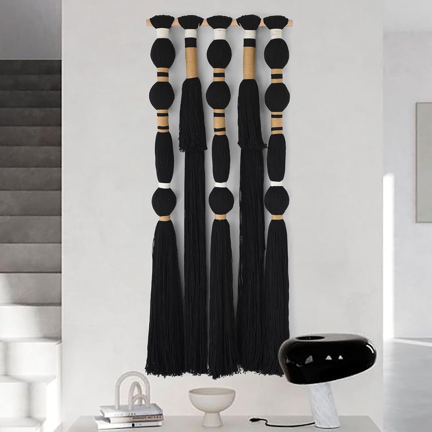 Macrame Wall Hanging Black Sphericity Cotton Tassels Textile Hanging Geometric Yarn Wall Art for Bedroom Living Room Decor 15.7" W x 39" L