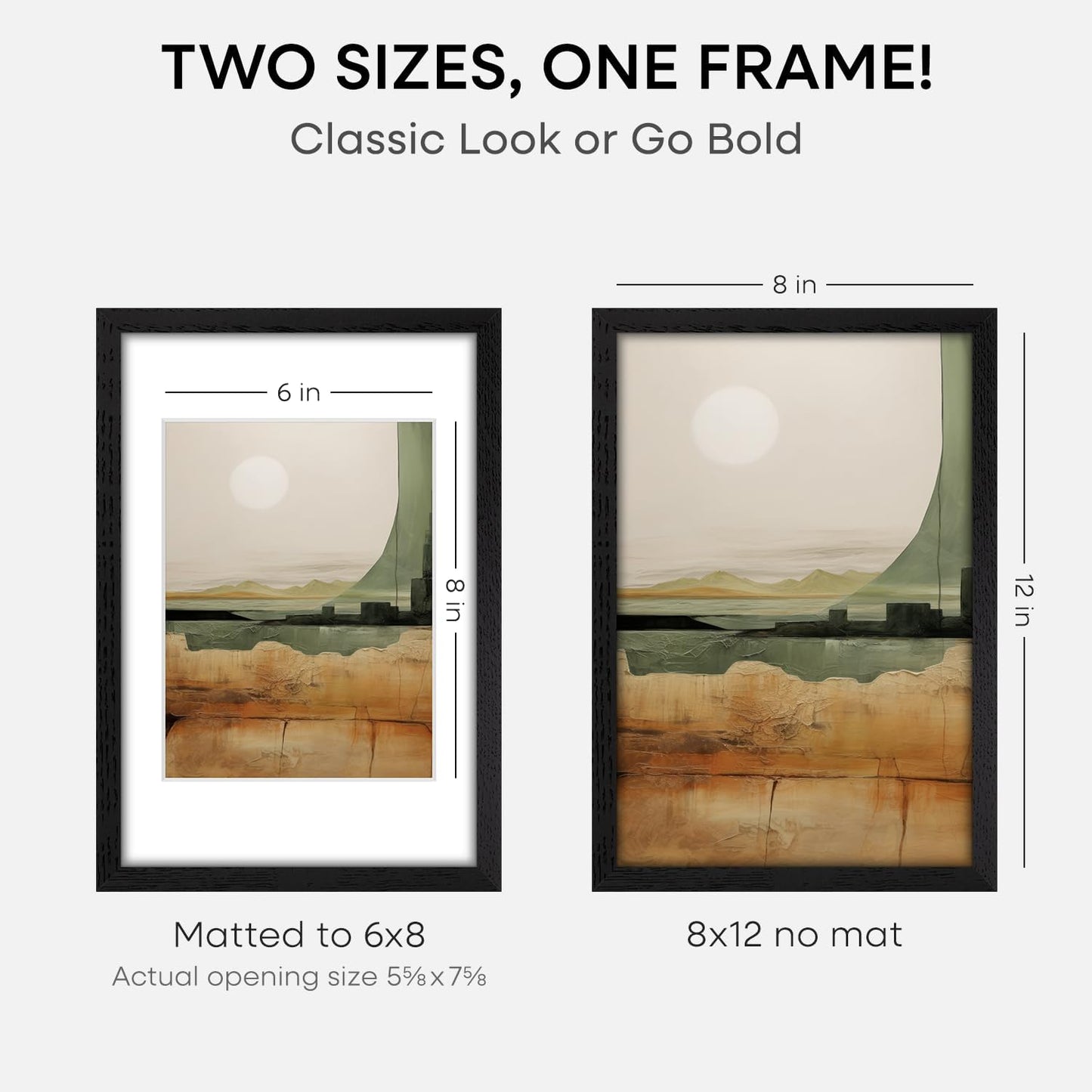 Homeforia 8x12 Black Picture Frame, High End Oak 8 x 12 Wood Frames with Mat 6 by 8 Print, 8by12 Wooden Frame Matted to 6x8 inch Photo, 12x8 Wall or Tabletop Frames, Tempered Glass, Wall Kit, Set of 1