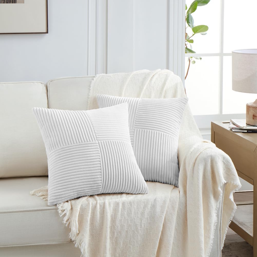 Fancy Homi 2 Packs Pure White Decorative Throw Pillow Covers 22x22 Inch for Living Room Couch Bed, Rustic Farmhouse Boho Home Decor, Soft Corss Corduroy Patchwork Accent Square Cushion Case 55x55 cm