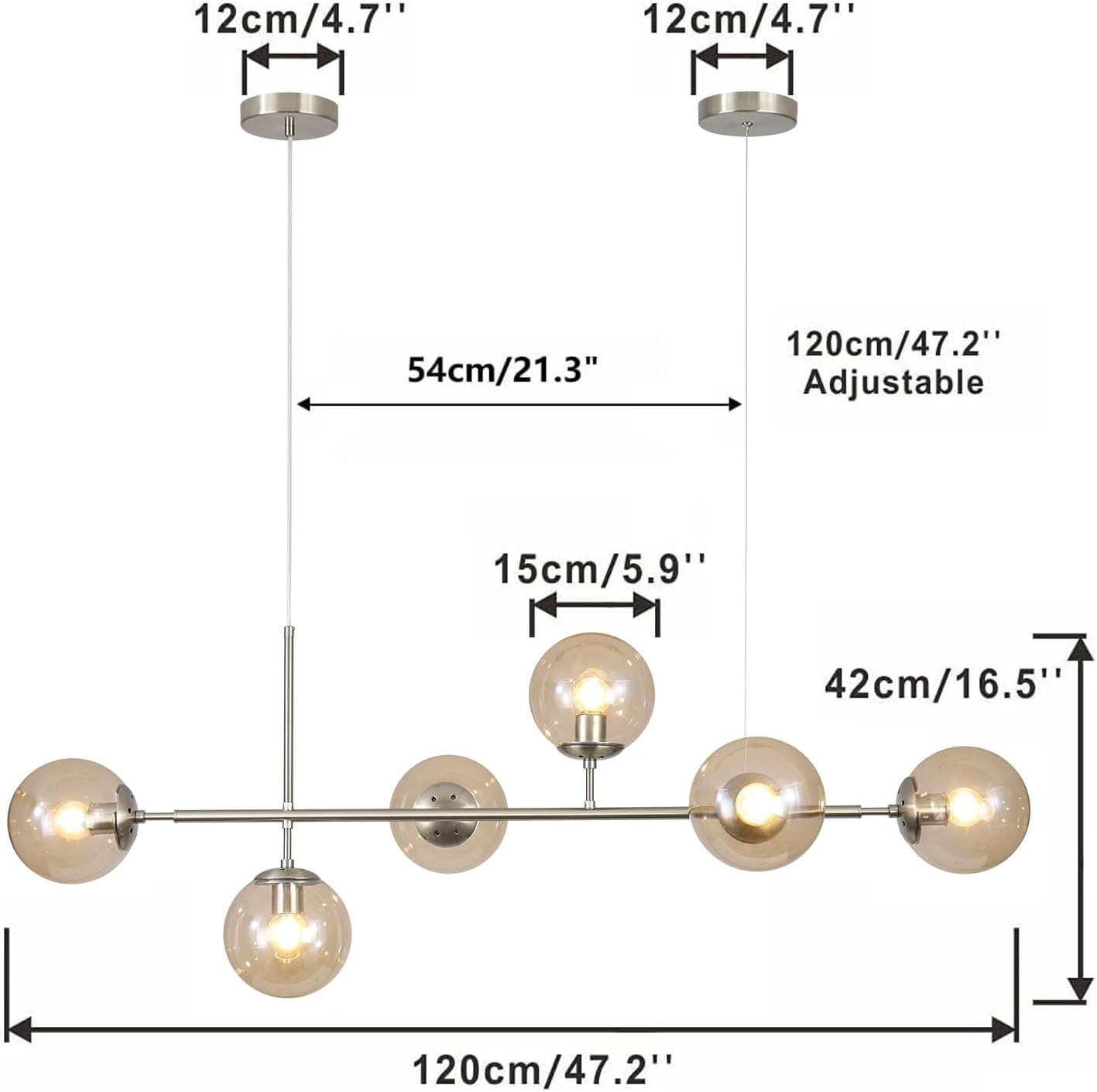 KCO Lighting Mid Century Modern Rectangle Light Fixture 6-Light Glass Globe Linear Chandelier Brushed Nickel Pendant Light Fixture Adjustable Kitchen Island Lighting (Silver+Amber)