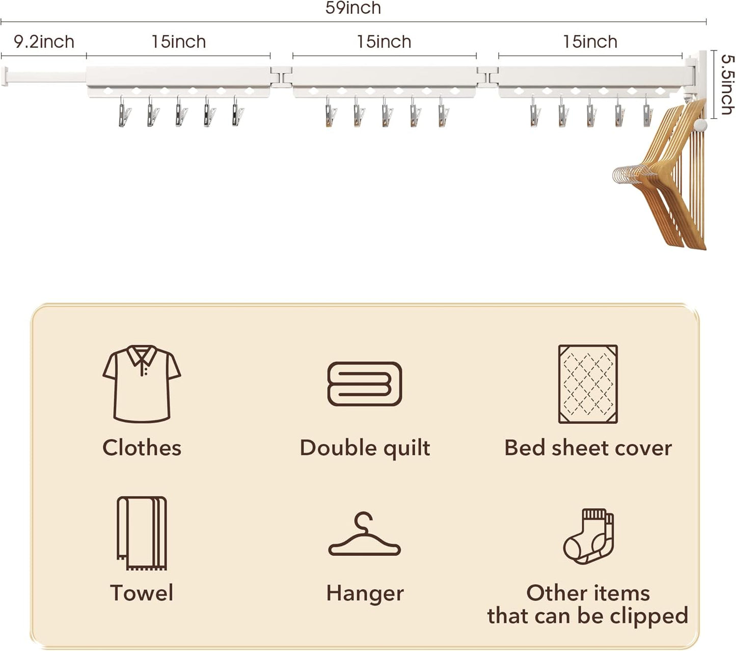 Wall Mounted Clothes Hanger,Clothes Drying Rack,Laundry Rack Wall Mount,Drying Rack Clothing,Clothes Rack Retractable,Collapsible(Tri-Fold), with Windproof Holes & Clips,White Color