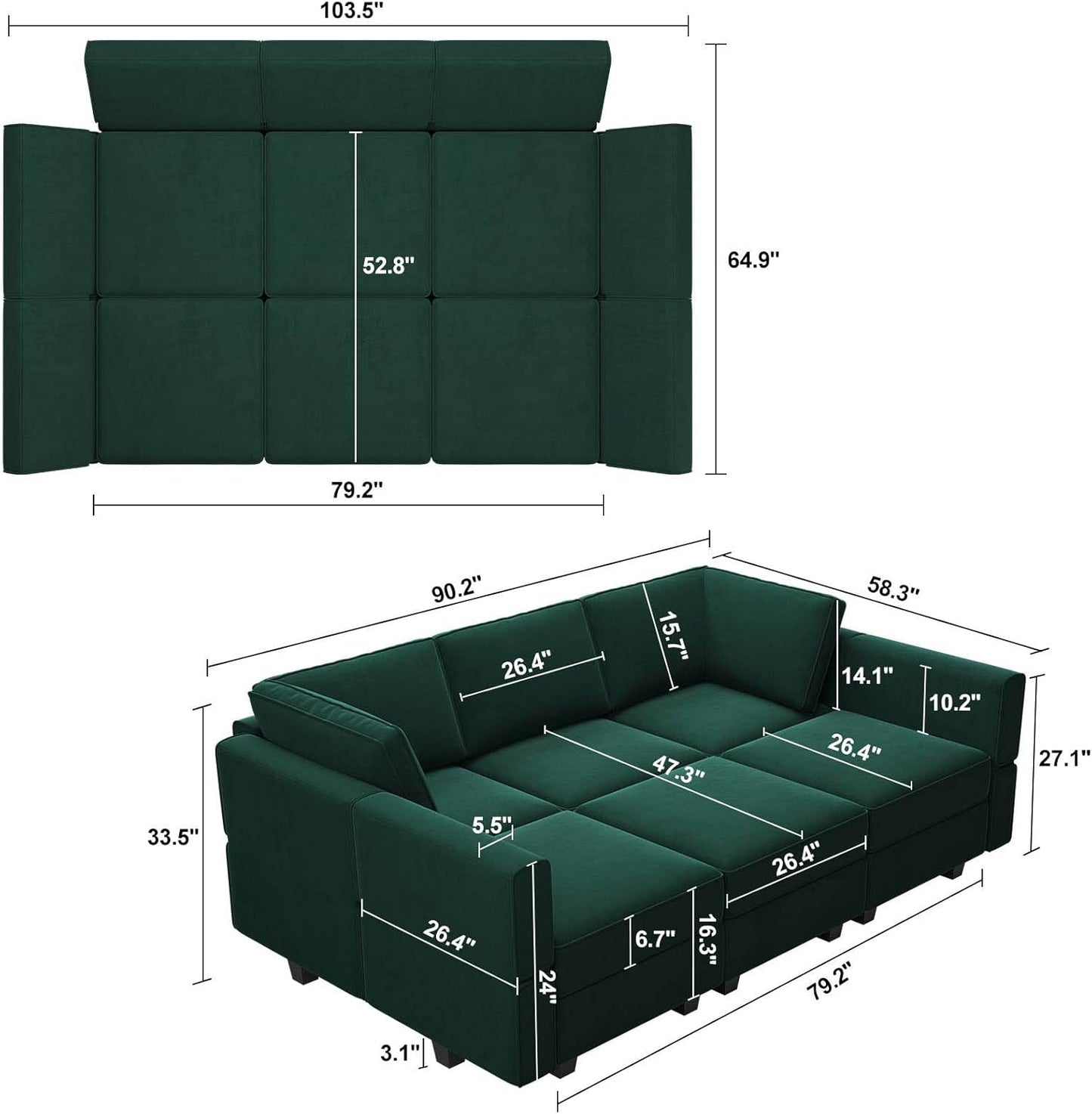 Belffin Modular Velvet Sectional Sofa with Chaise Lounge Sectional Sleeper Sofa with Storage Chaise Bed Couch for Living Room Green