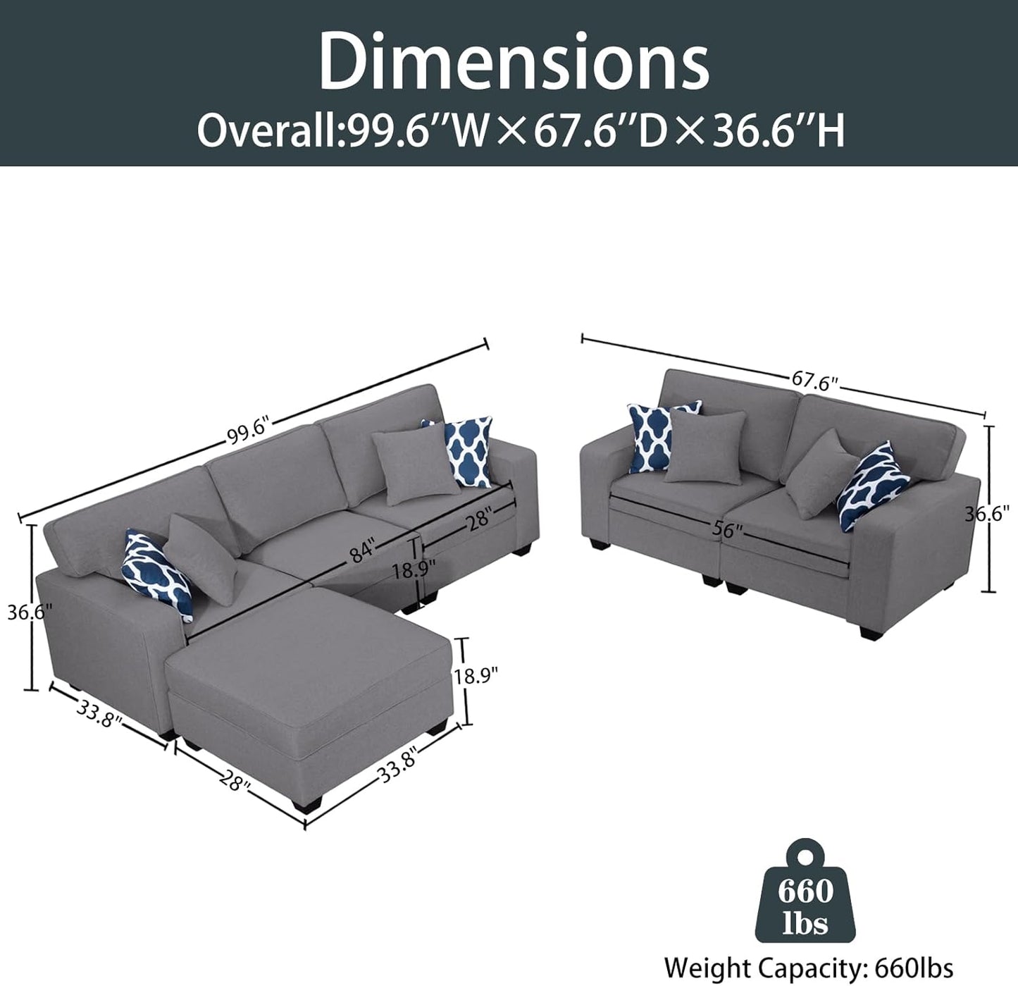 L Lengend Vansen Modular Sectional Sofa U Shaped Couch with Ottoman Modern Reversible Corner Sectional Couch for Living Room (Dark Grey, 2+3 with Ottoman)