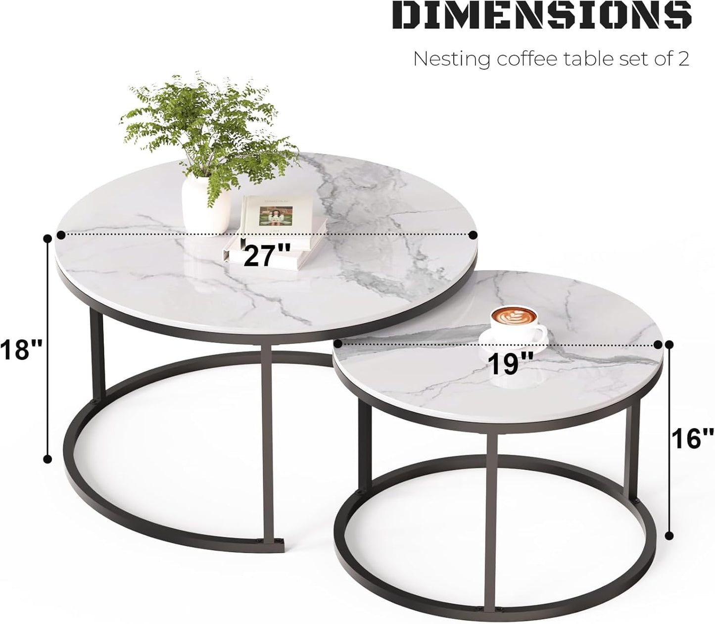 Round Nesting White Modern Decorative Coffee Table (Set of 2), Sintered Stone Top & Sturdy Metal Frame for Living Room