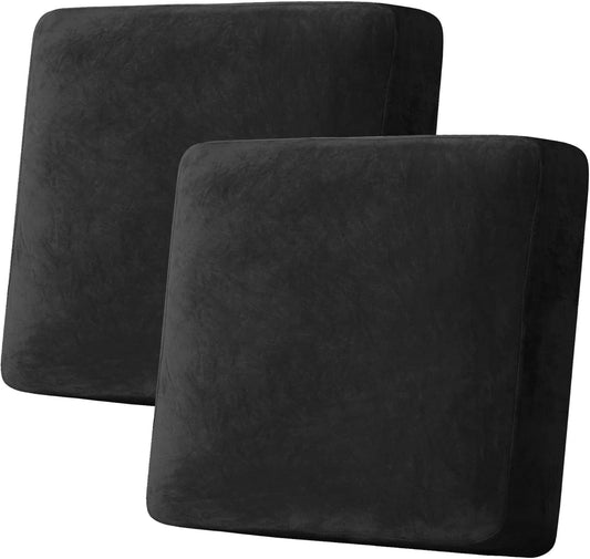 H.VERSAILTEX Velvet Stretch Couch Cushion Cover Plush Cushion Slipcover for Chair Loveseat Sofa Cushion Furniture Protector Seat Cushion Sofa Cover (2 Piece Large Sofa Cushion Covers, Black)