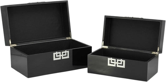 Galt International Storage Box Set Decorative Storage Box w/Hinged Lid Classic Design Wood Decor Boxes with Geometric Clasp Storage for Bedroom & Home - Set of 2 (Black & Silver)
