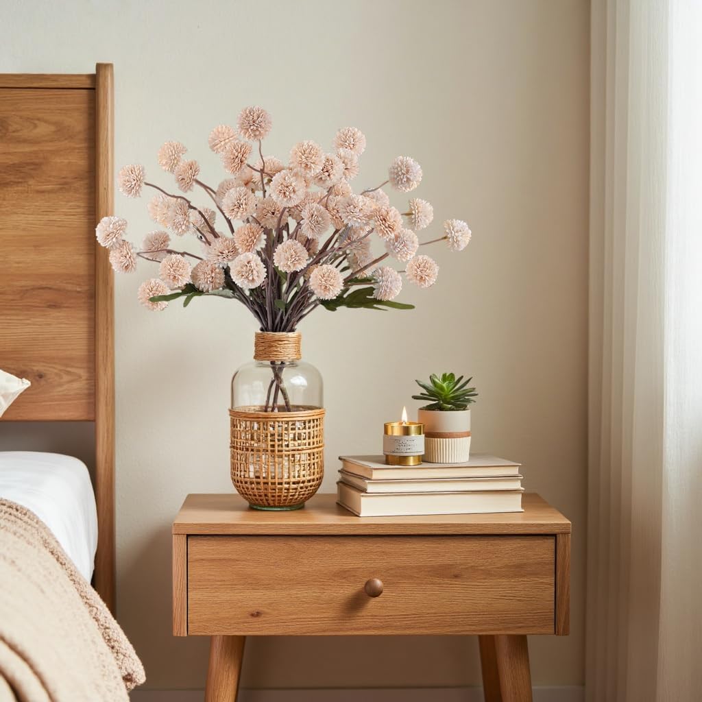 Faux Beige Kiku Flowers 10 Stems & 2 Eucalyptus, Fake Mums Pompon Flower Ball, Autumn Artificial Chrysanthemums Flowers for Boho Bedroom Decor, Silk Mini Faux Kiku Flower Wedding Arrangements Decor