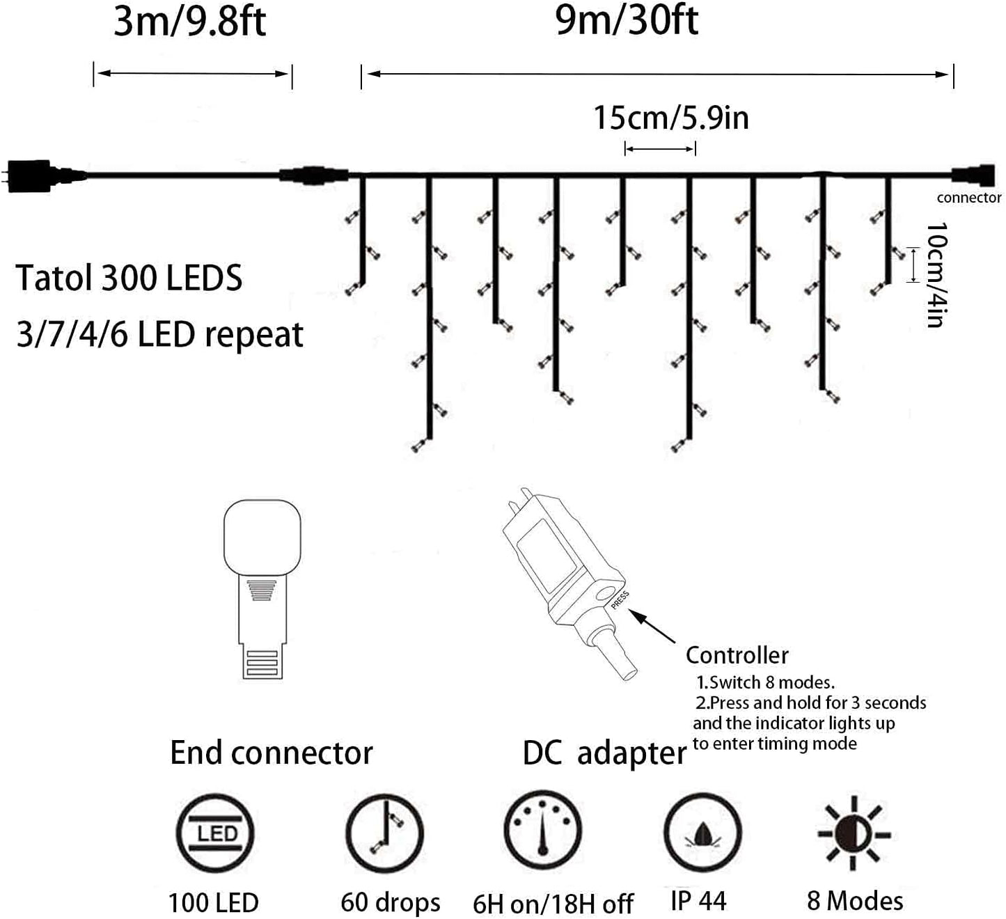 YASENN 300Led Icicle Style String Lights 29.5FT,Update Connectable 8 Lighting Modes with Timer Icicle Lights for Home Garden Outdoor Indoor Eave Decor (Cool White LED White Cable)
