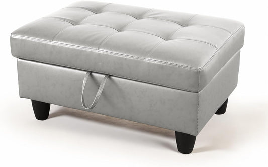 Ottoman Rectangular Storage Ottoman Bench, Faux Leather Footrest, Coffee Table, Stool Footstool with Hinged Lid for Living Room, Bedroom, Entryway, Silver, 35"x23.5"x17.5"