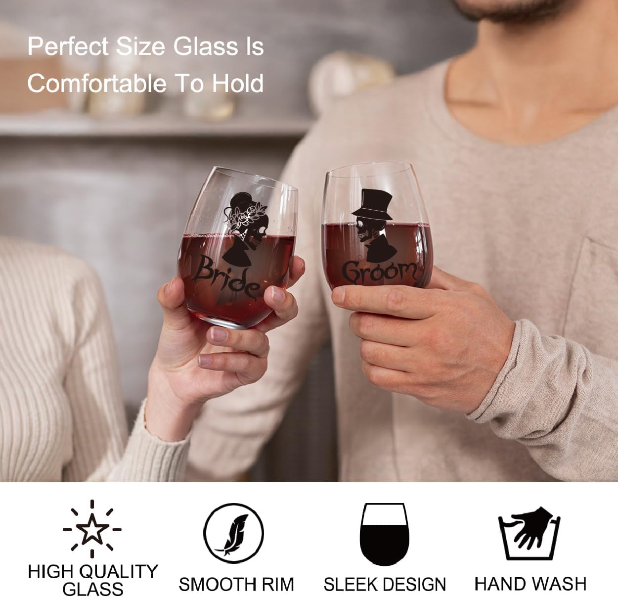 Perfectinsoy Skull Wine Glass 2 Piece with Gift Box, Zombie Design, Valentine's Day Autumn Halloween, Anniversary Wedding Gifts, Couple Gifts for Boyfriend and Girlfriend. (Bride Groom Set of 2)