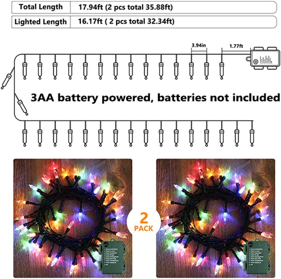 BrizLabs Christmas Lights Multicolor, 2 Pack 17.94ft 50 LED Christmas String Lights, Battery Xmas Tree Light Outdoor/Indoor, Green Wire 8 Modes Mini Xmas Light for Holiday Tree Wreath Lawn Party Decor