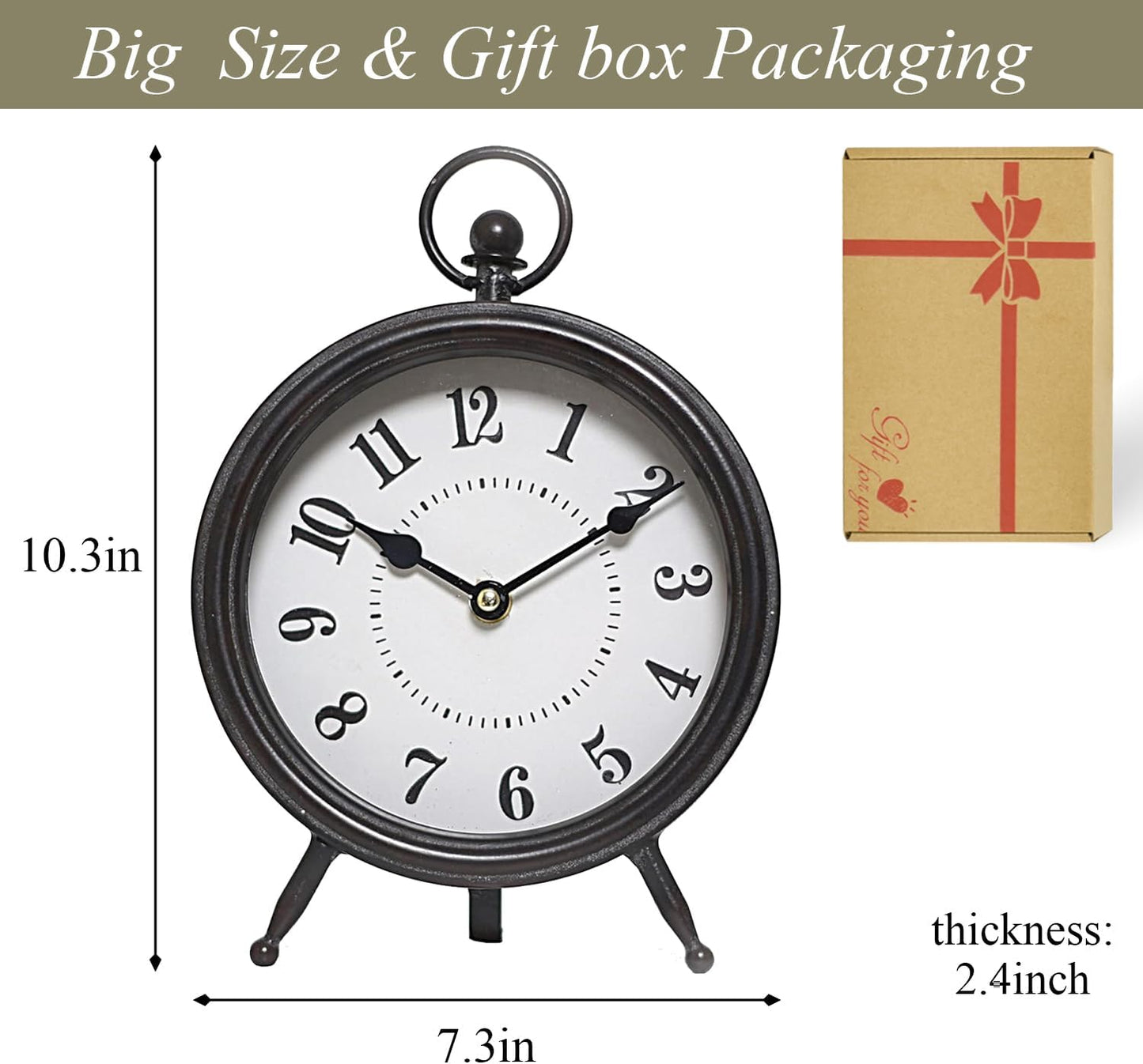 Vintage Black Table Clock on Stand, Decorative Desk and Shelf Clock, Rustic Mantel Clock Farmhouse Clock Non-Ticking