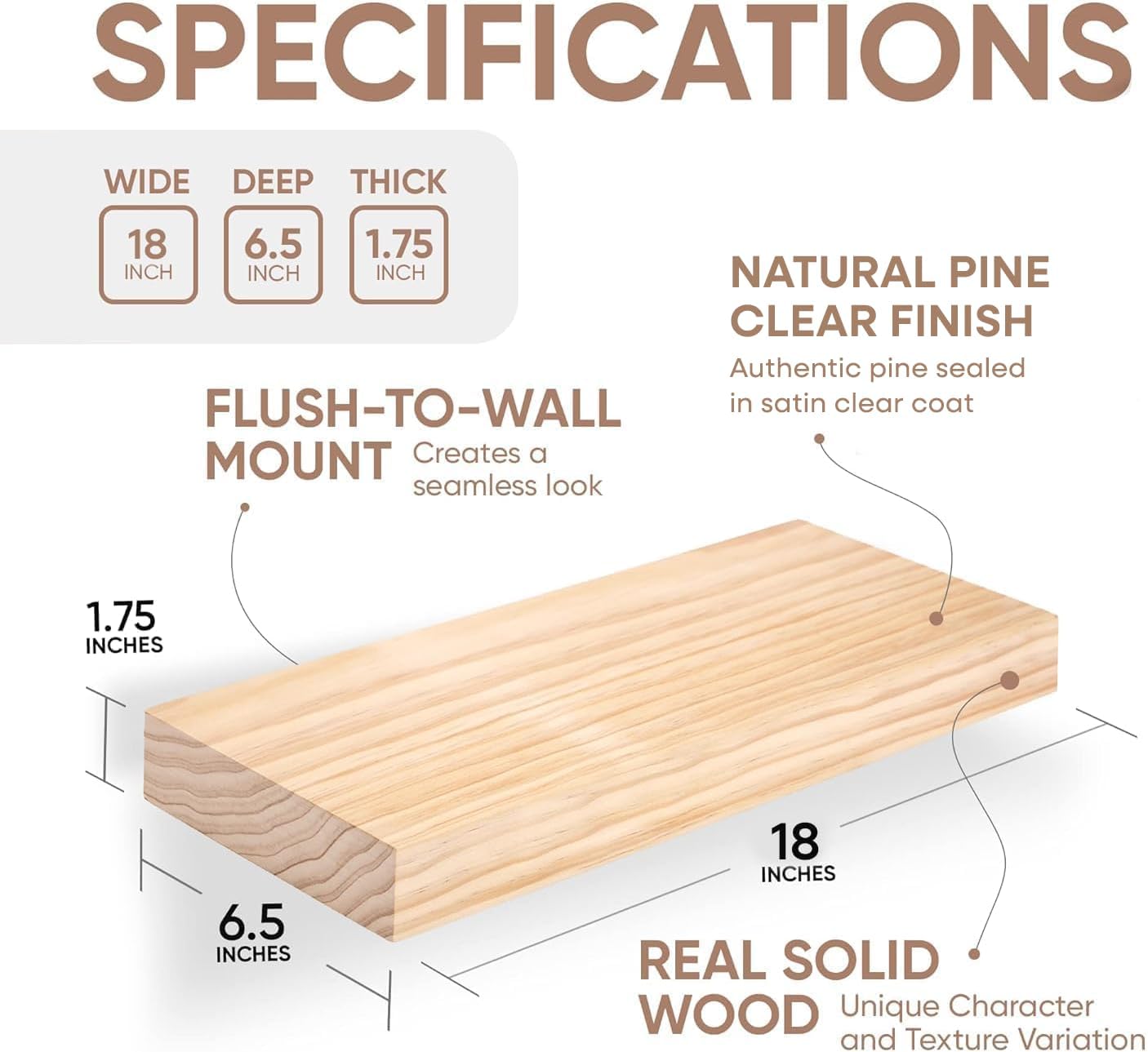 Homeforia 18 inch Natural Floating Shelf, High End Solid Real Wood 18inch Small Floating Shelves for Wall Mounted, Natural Wooden Floating Shelves, Heavy Duty Bracket, 18 X 6.5 X 1.75 in, Set of 4