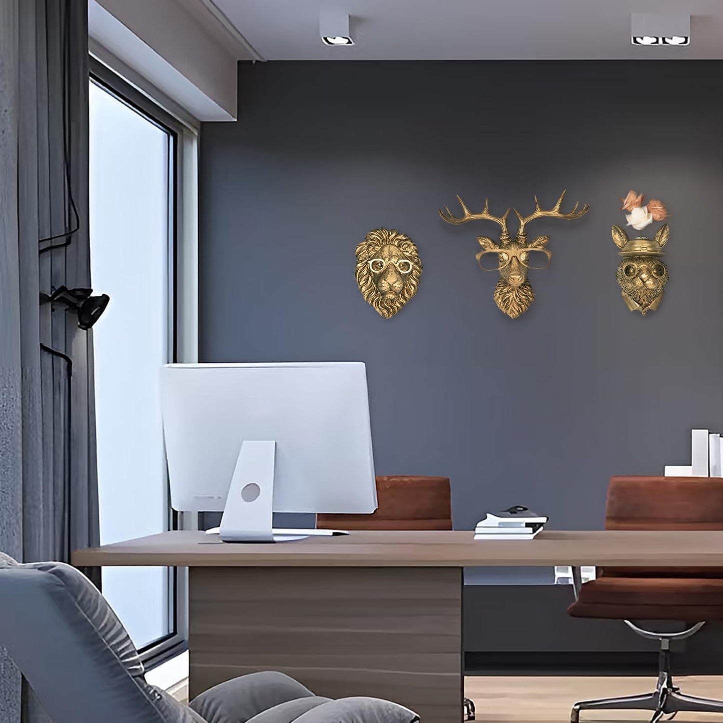 HUYIENO 4PK Animal Head Wall Decor with Metal Frame Flower Vase Gold Handcrafted Hanging Home Decor Sculptures for Living Room Bedroom