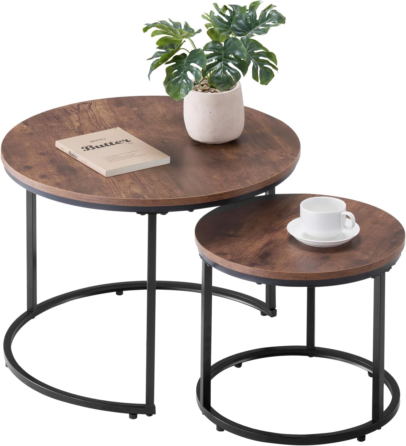 VEVOR Nesting Tables, Coffee Table Set of 2, 23.6 inch Round Coffee Table, Small Coffee Tables Night Stand with Metal Frame, for Living Room, Bedroom, Office (Brown & Black)