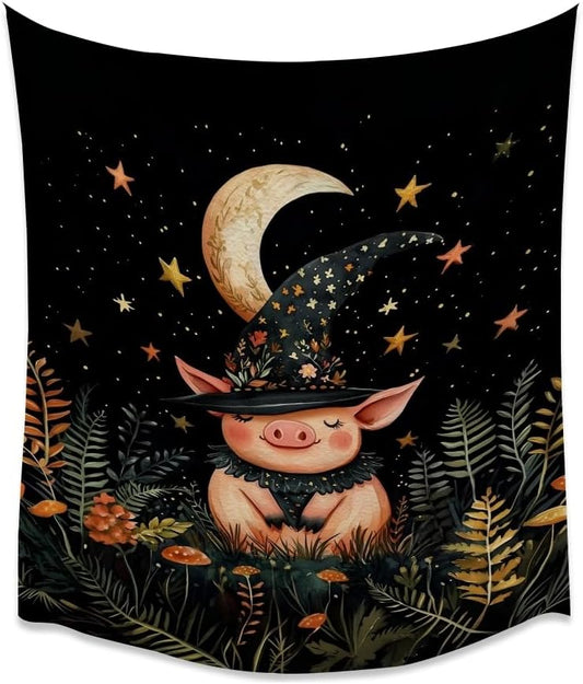Whimsical Witch Pig Tapestry Wall Hanging Cute Farmhouse Animal Tapestry Aesthetic Moon and Stars Pictures Print Cottagecore Witchy Halloween Artwork Tapestries Decor for Living Room Bedroom 30x40inch