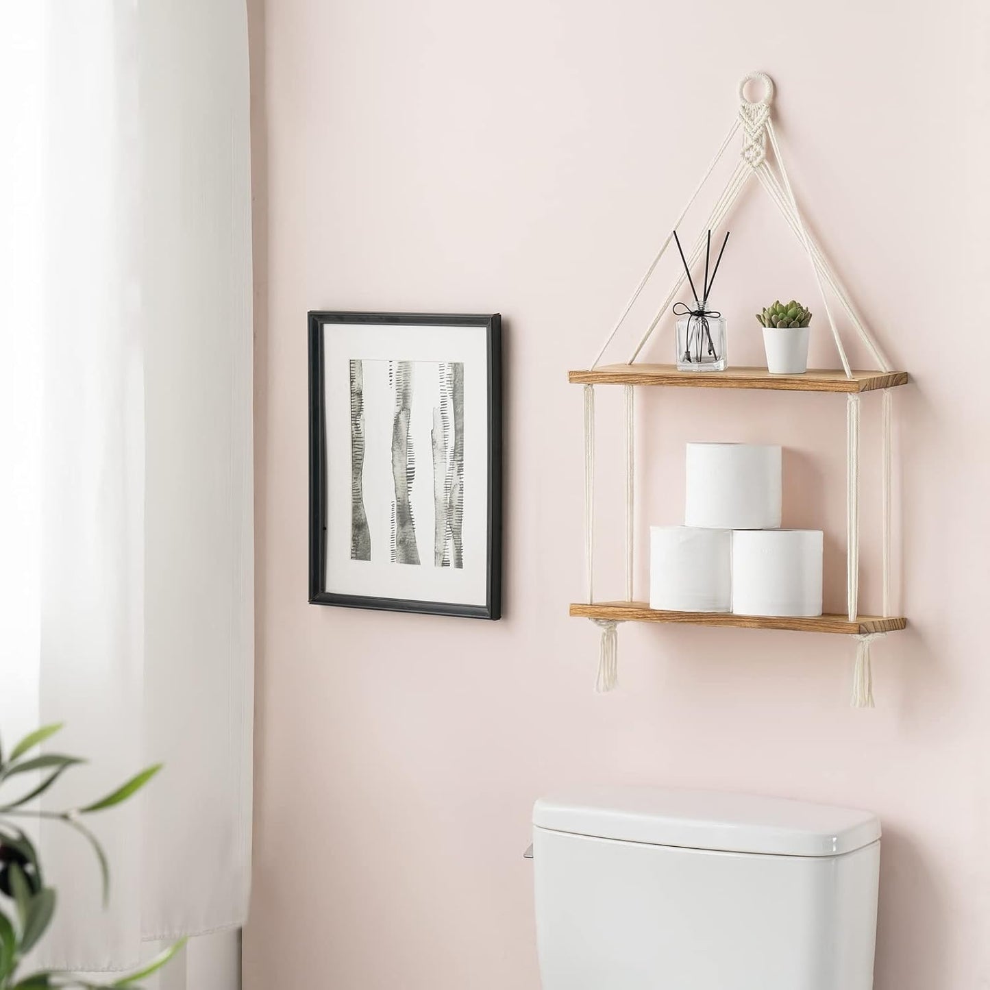 Mkono Macrame Hanging Shelf Boho Wall Decor 2 Tier Handmade Cotton Rope Rustic Wood Floating Shelves Display Photos Plants Hanging Storage Shelving for Living Room Nursery Bathroom Bedroom