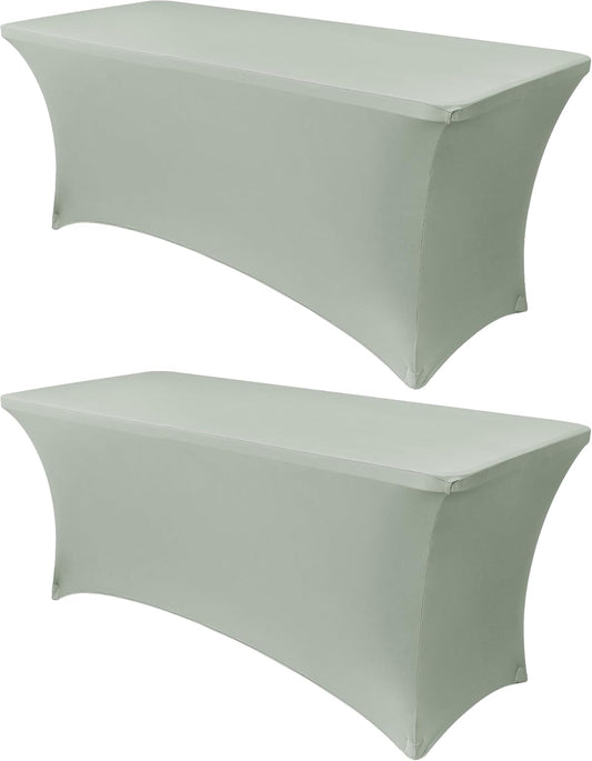 Obstal 2PC Sage Green Tablecloth - 4ft Rectangle Spandex Table Cover for Party, Events, Banquets & Weddings, Machine Washble