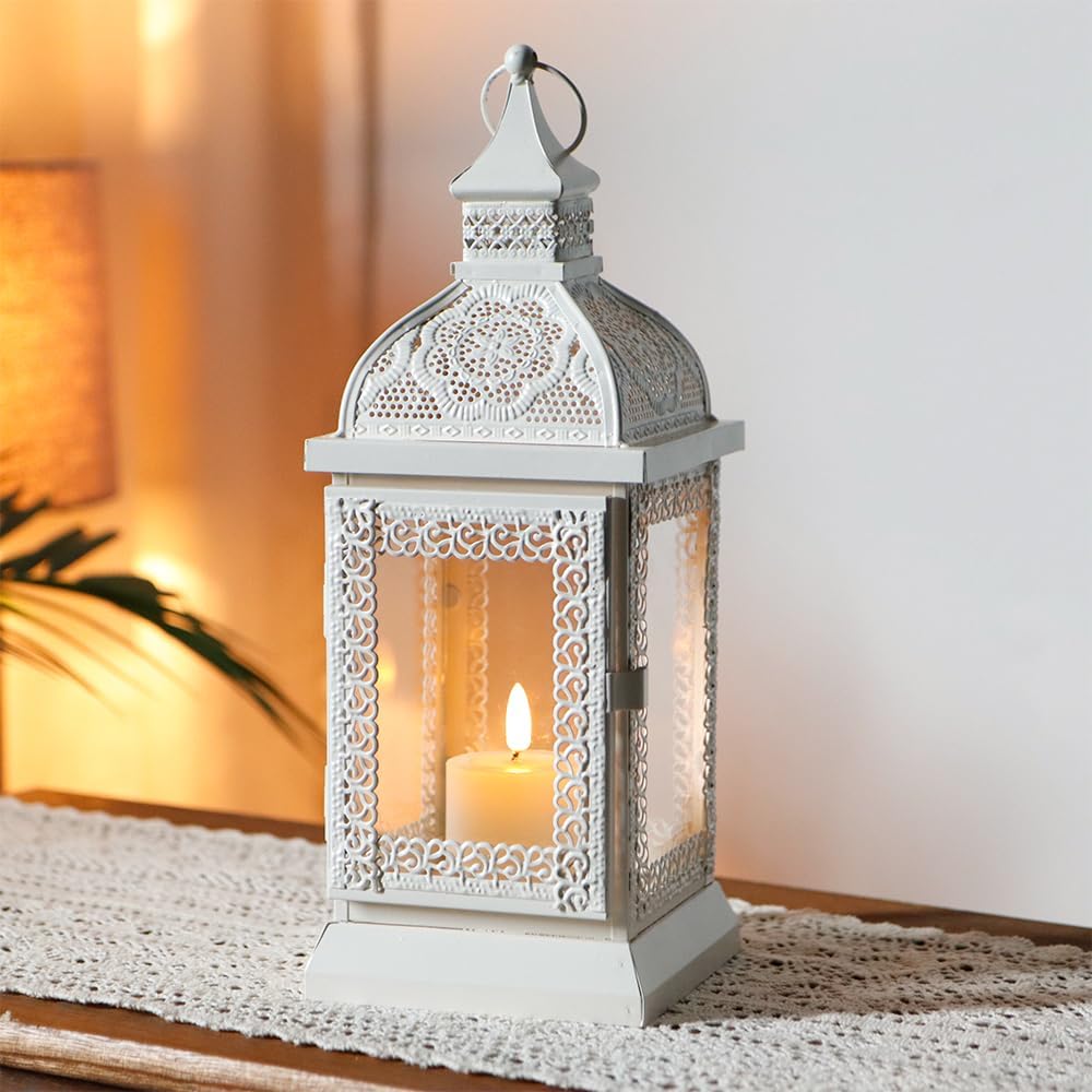 TRIROCKS Rustic Style Metal Candle Lantern 13'' High Decorative Outdoor Lantern Candle Holder with Tempered Glass for Thanksgiving Christmas Living Room Garden Patio Parties Indoors Outdoors (Cream)