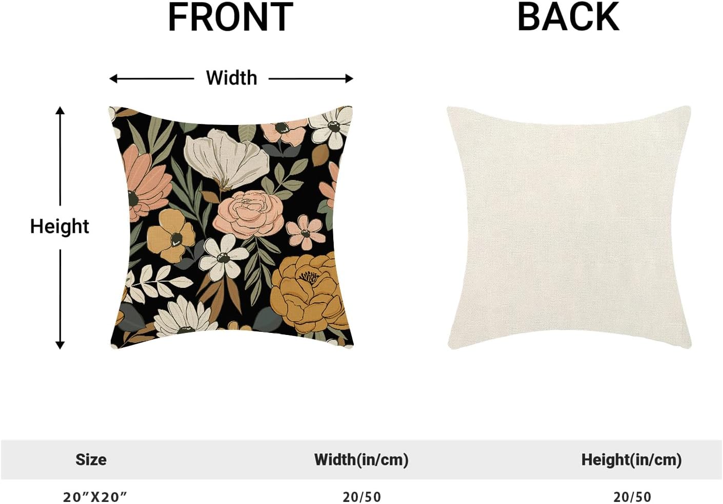 CXMEIFLY Spring Floral Pillow Covers 20 x 20 Inch Set of 2 for Vintage Pink Mustard Yellow Cream Flowers Decor Throw Pillows Plant Black Outdoor Decorative Cushion Cases for Couch Bed Decorations