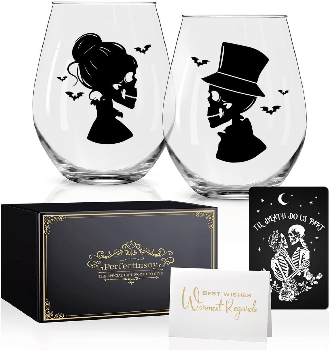 Perfectinsoy Skull Wine Glass 2 Piece with Gift Box, Till Death Skeleton Bride, Valentine's Day Halloween Anniversary Wedding Gifts for Couple Wife Husband, Couple Gifts for Boyfriend Girlfriend