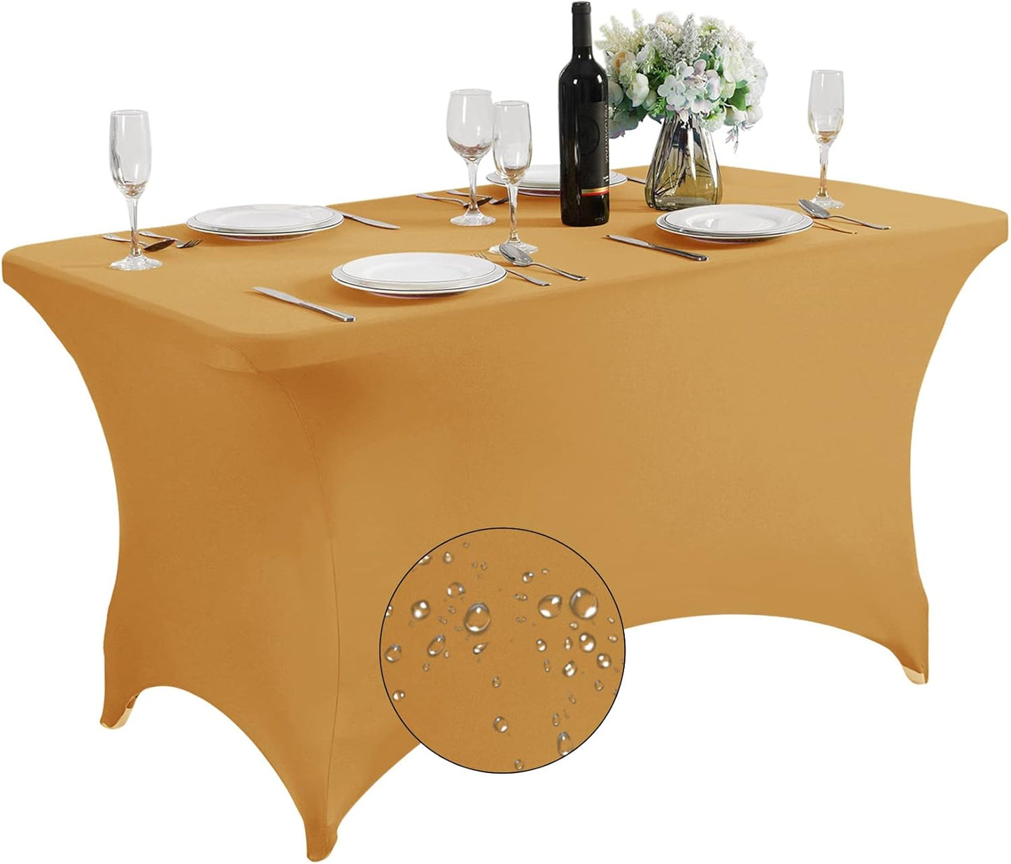 SuperO Waterproof Spandex Table Cover for 4FT Table Universal Fitted Stretch Tablecloth for Party, Banquet, Wedding and Events-Gold